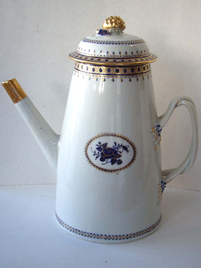 A Chinese export porcelain blue and gilt decorated lighthouse form coffee pot circa 1780